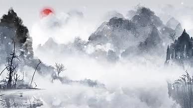 中国风山水小船飘雪水墨背景模板视频的预览图